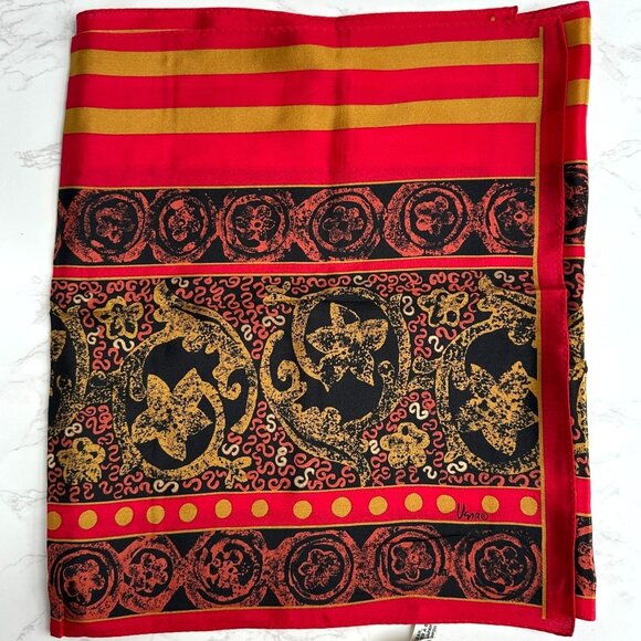 Vera Neumann Accessories - Vintage Vera Neumann Red & Gold Medallion Silk Scarf - 52" x 15" Oblong